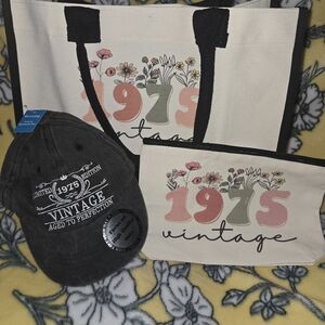 Vintage Floral Tote Bag Set - Cream and Black